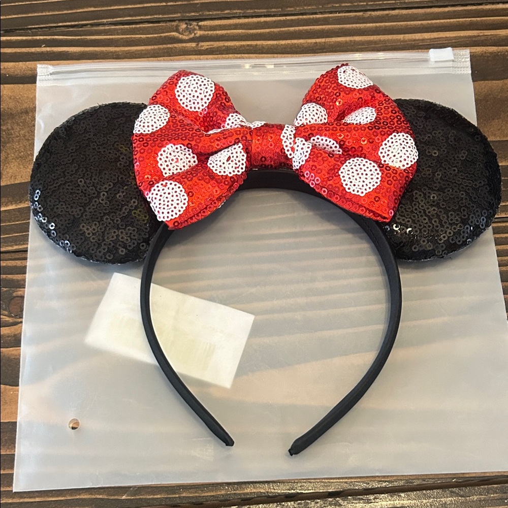 Sequin Mouse Ears Headband with Red Polka Dot Bow